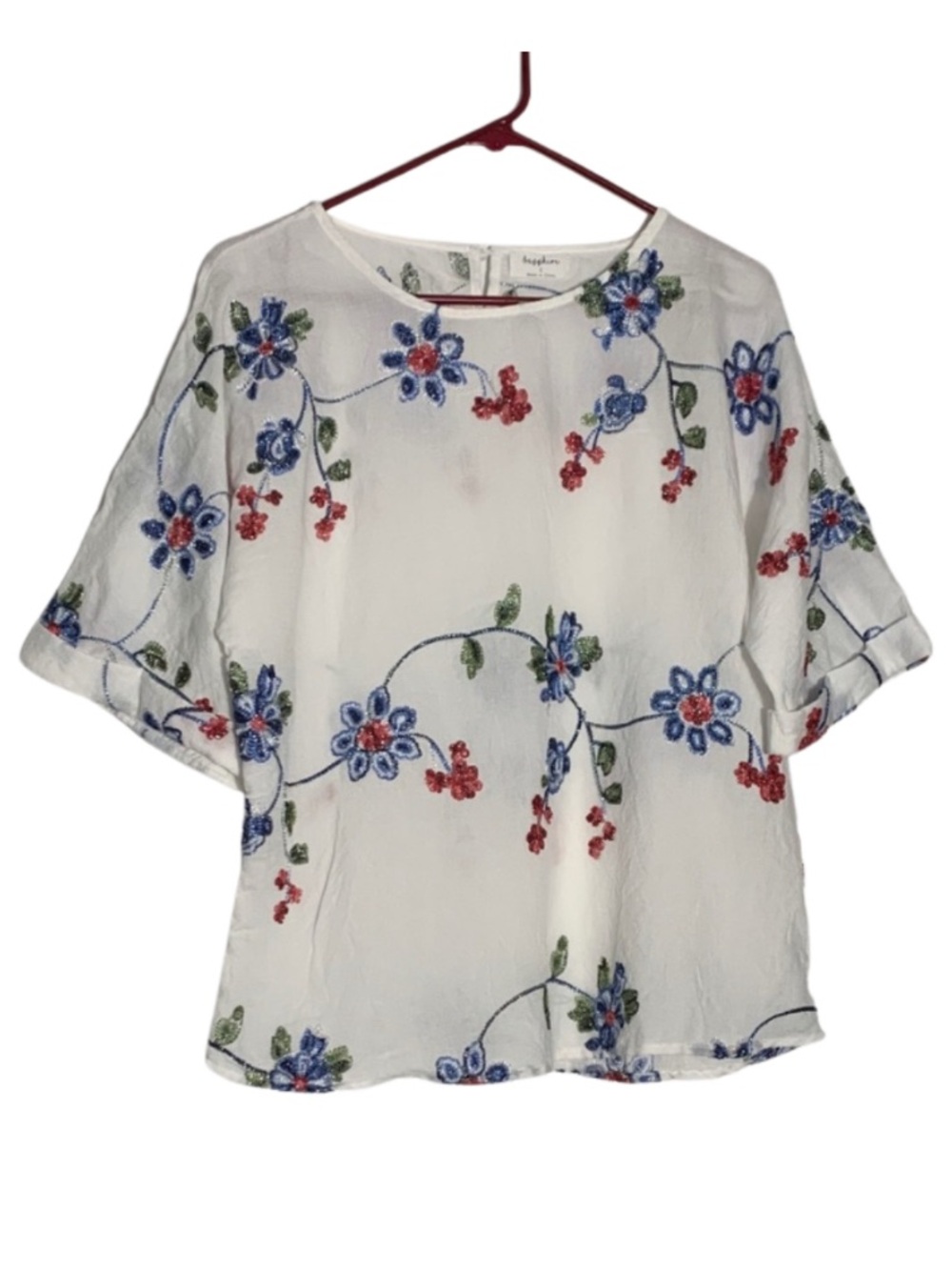 Sapphire Semi Sheer Embroidered Floral Blouse Women’s Size L Boho Cottagecore